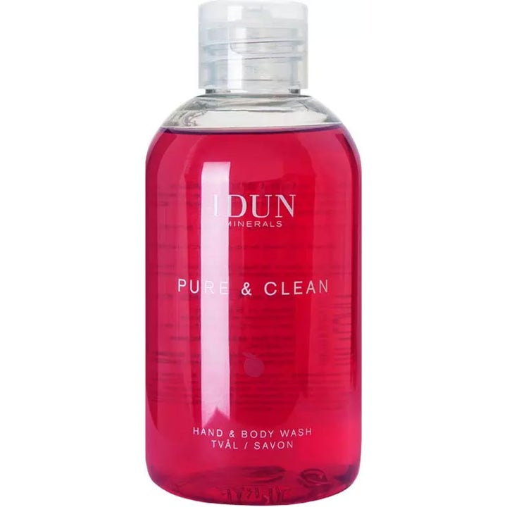IDUN Minerals Pure & Clean Hand & Body Wash 300 ml rengörande handtvål och duschtvål med ceriserosa färg i klar flaska.