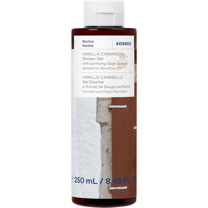 Korres Vanilla Cinnamon 250 ml rengörande duschgel i mörkbrun plastflaska med vitt lock och grafisk etikett.