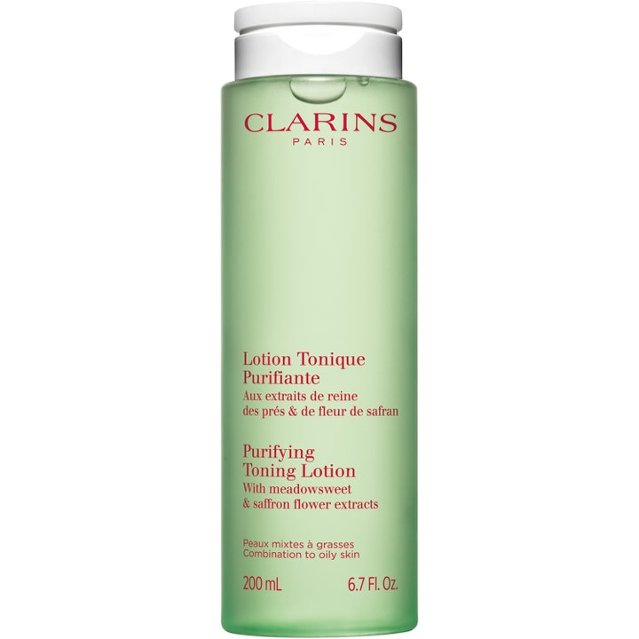 Clarins Purifying Toning Lotion 200 ml talgreglerande ansiktsvatten kombihud i en ljusgrön flaska med vitt lock