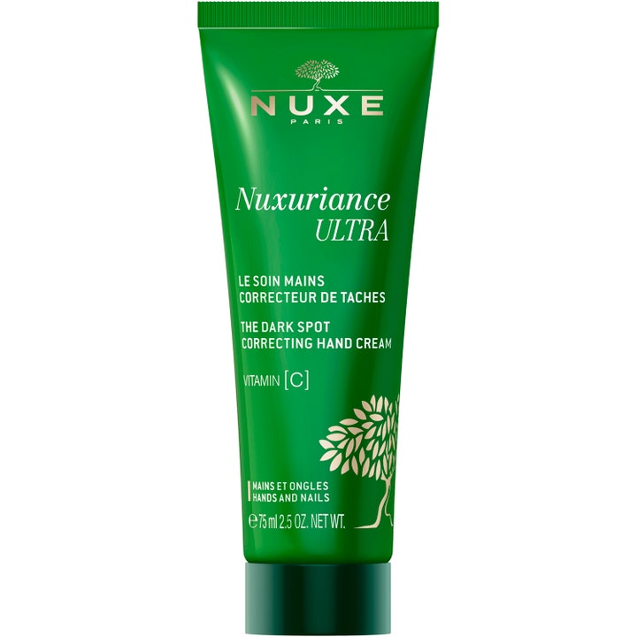 Nuxe Nuxuriance Ultra 75 ml nuxe handkräm mot pigmentering med vitamin C i en grön tub med gulddetaljer