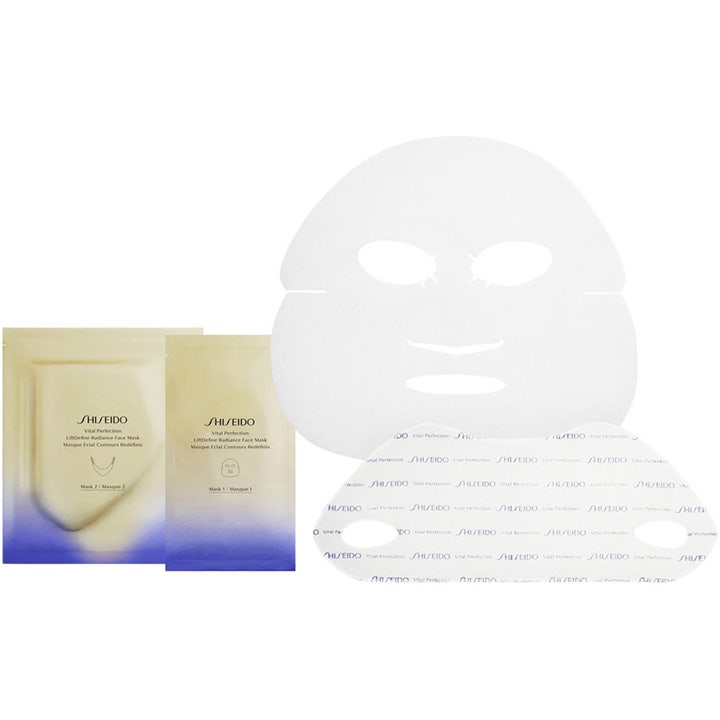 Shiseido Vital Perfection LiftDefine Radiance Face Mask ansiktsmask för fastare hy med två vita arkmasker och guldiga påsar.