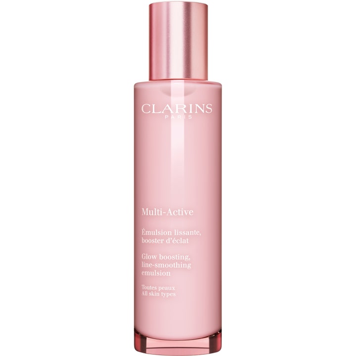 Clarins Multi-Active 50 ml linjeutjämnande emulsion i en elegant ljusrosa glasflaska med matchande lock.