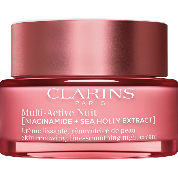 Clarins Multi-Active Nuit 50 ml återfuktande nattkräm för hudföryngring i en elegant rosa glasburk med matchande lock