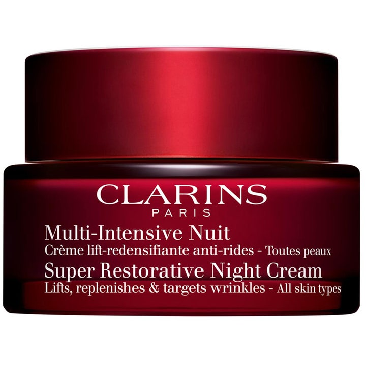 Clarins Super Restorative Night Cream 50 ml nattkräm som lyfter huden i en elegant röd glasburk