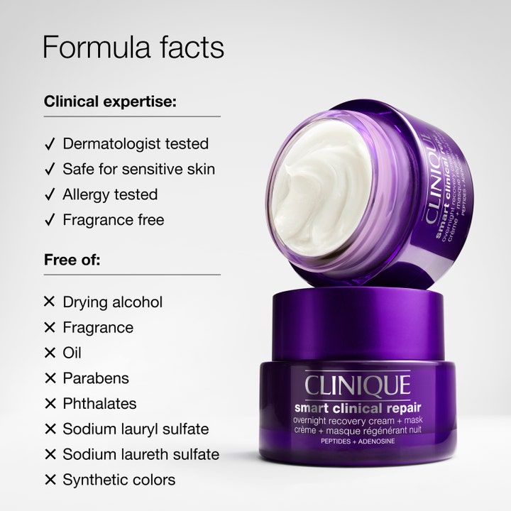 Clinique Smart Clinical Repair 50 ml återfuktande nattkräm för hudreparation i lila burk med vit krämig textur.