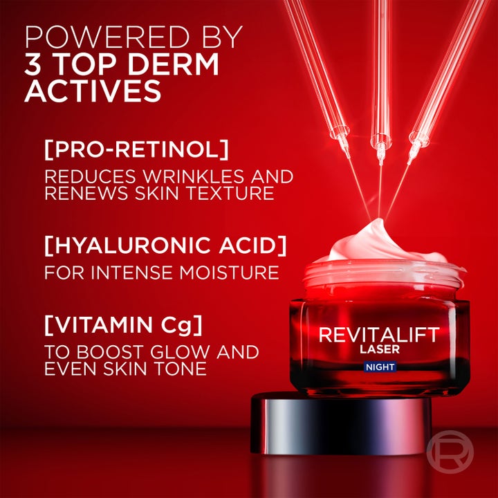 L'Oréal Paris Revitalift Laser nattkräm 50 ml i röd glasburk med pro-retinol och hyaluronsyra för lyster.