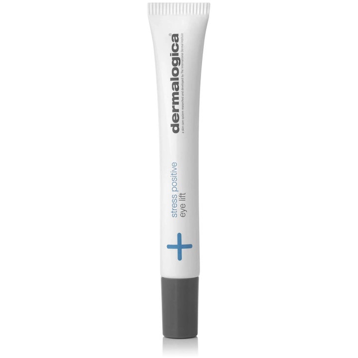 Dermalogica Stress Positive Eye Lift anti-stress ögonkräm mot rynkor i en vit tub med grått lock och blått plustecken