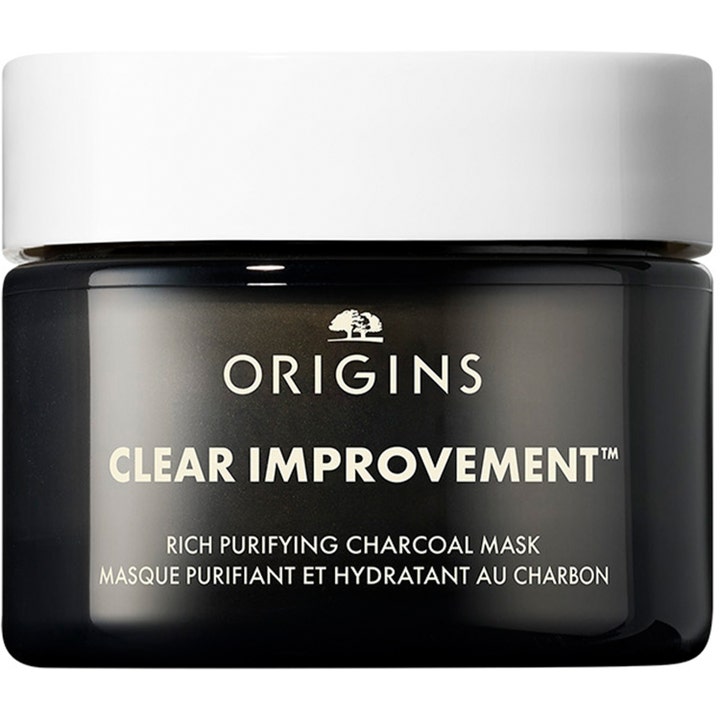 Origins Clear Improvement Rich Purifying Charcoal Mask djuprengörande ansiktsmask med kol i mörk burk med vitt lock