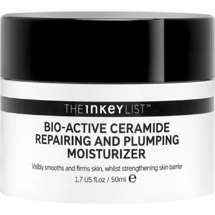 The INKEY List Bio-Active Ceramide Repairing and Plumping Moisturizer bioaktiv ceramid ansiktskräm i vit burk med svart lock