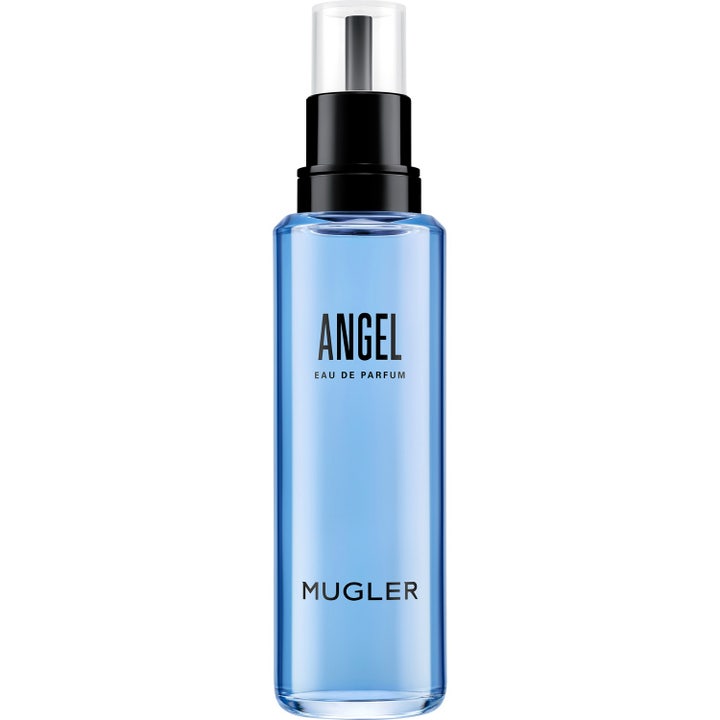 Mugler Angel EdP Refill 100 ml gourmand parfym i en blå angel edp refill flaska av glas med svart pump och klar kork