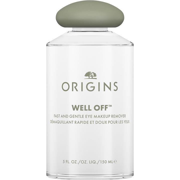 Origins Well Off 150 ml gentle ögonsminkborttagning i en turkosblå genomskinlig flaska med vitt rundat lock