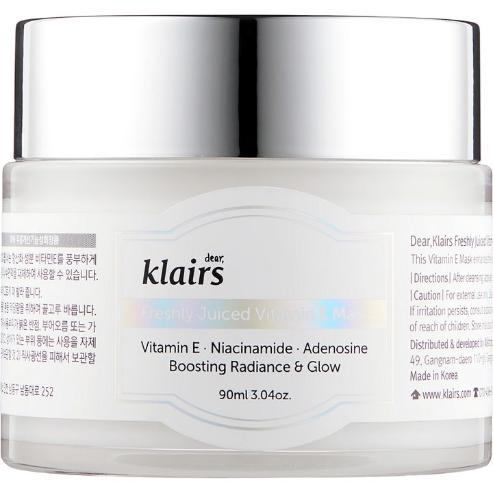 Klairs Freshly Juiced Vitamin E Mask 90 ml lystergivande klairs vitamin e mask anti-aging i vit burk med silvrigt lock.