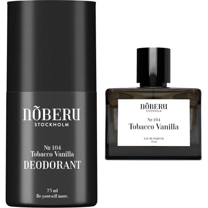 Nõberu No 104 Tobacco Vanilla 75 ml deodorant och 50 ml parfym i stilrena svarta förpackningar.