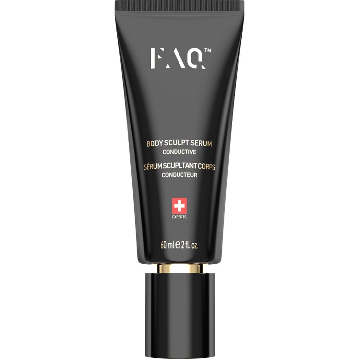 FAQ Body Sculpt Serum 60 ml anti-celluliter peptidserum för kroppsformning i en svart tub med gulddetalj.
