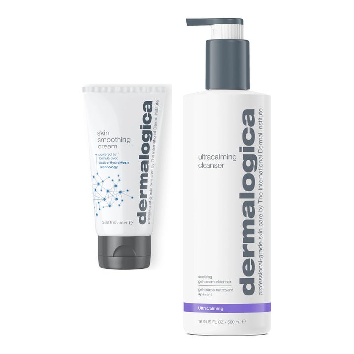 Dermalogica Ultracalming Cleanser 500ml och Skin Smoothing Cream lugnande ansiktskräm för torr hud i vit pumpflaska och tub