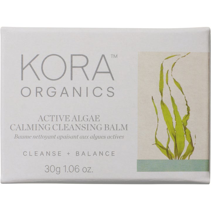 KORA Organics Active Algae Calming Cleansing Balm 30 g ekologisk rengöringsbalm i vit ask med grön algillustration.