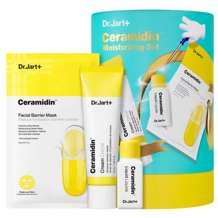 Dr. Jart+ Ceramidin Moisturizing Set återfuktande ceramidkräm och ceramidin fuktmask hudvård i gulvit tub och flaska