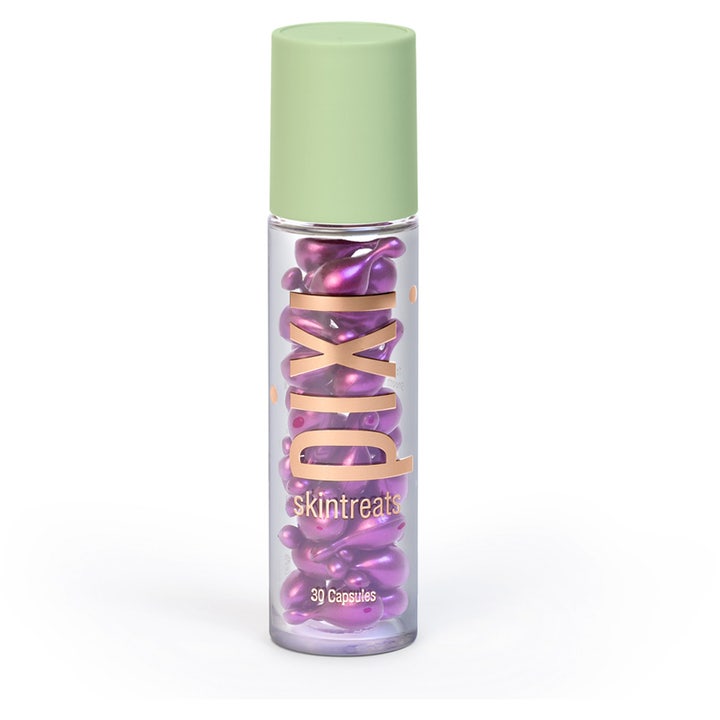 Pixi Skintreats 30 kapslar anti-aging retinol hudvård mot fina linjer i en klar flaska fylld med lila kapslar