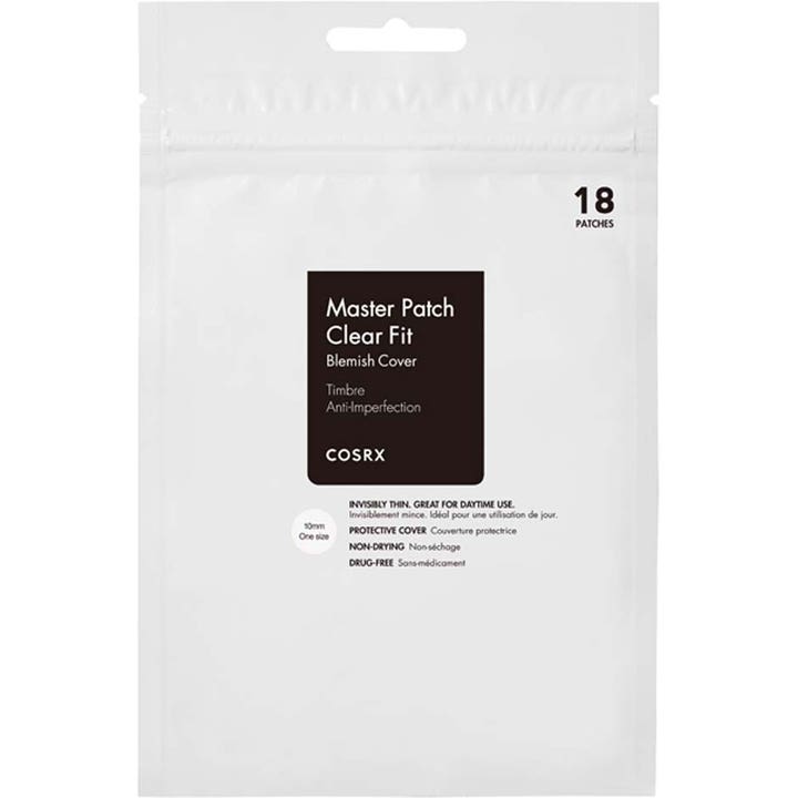COSRX Master Patch Clear Fit 18 st dagtid hydrokolloid plåster acne patch i vit och svart plastförpackning