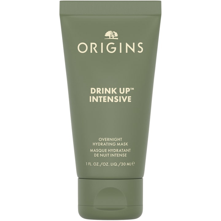 Origins Drink Up Intensive 30 ml fuktgivande nattmask i en olivgrön tub som ger huden intensiv fukt.