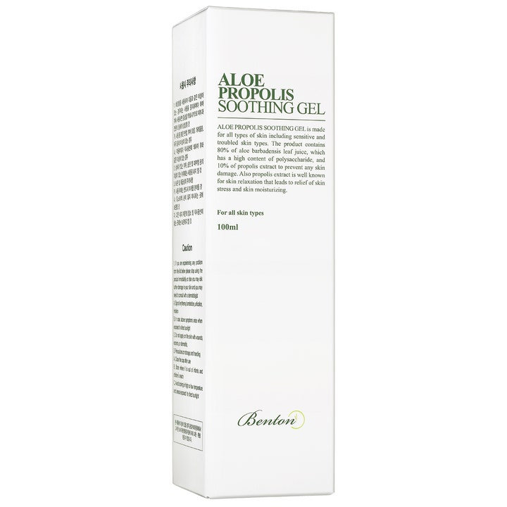 Benton Aloe Propolis Soothing Gel 100 ml lugnande ansiktsgel i vit pappersbox med grön text för alla hudtyper