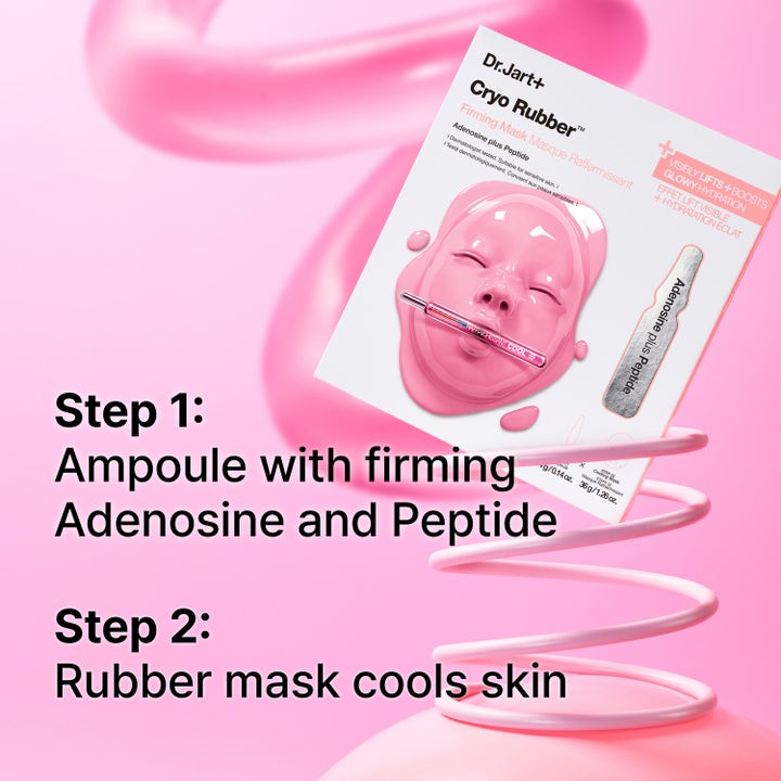 Dr.Jart+ Cryo Rubber Firming Mask 36 g är en uppstramande ansiktsmask med adenosine och peptider på rosa bakgrund.