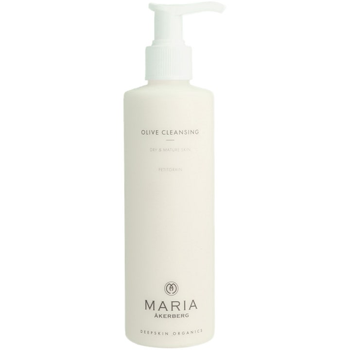 Maria Åkerberg Olive Cleansing 250 ml olivrengöring som ger fukt åt torr hy i vit flaska med pump.