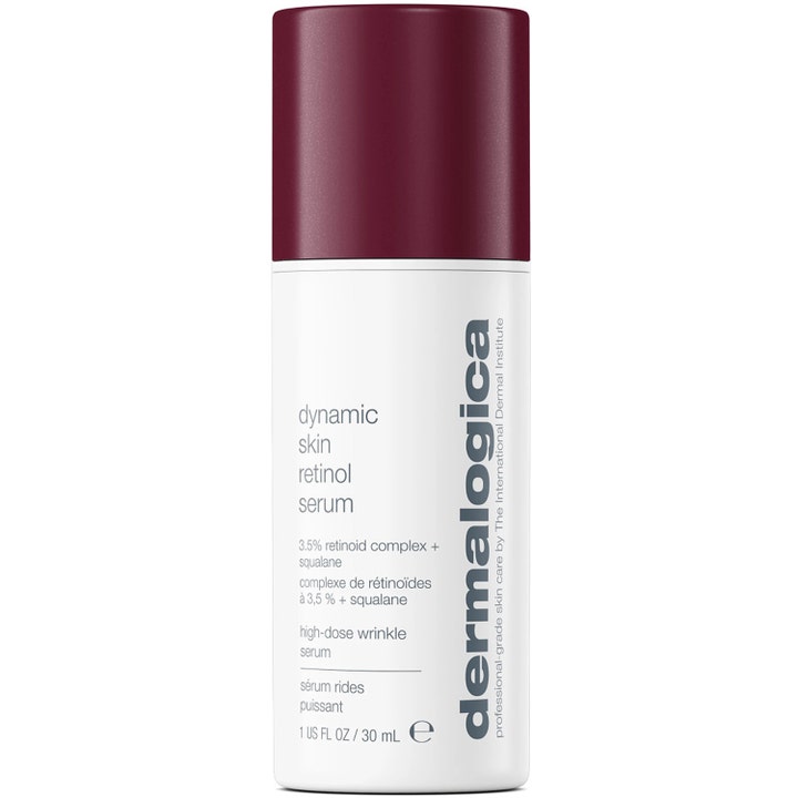 Dermalogica Dynamic Skin Retinol Serum 30 ml rynkserum för mogen hud i vit pumpflaska med vinrött lock.