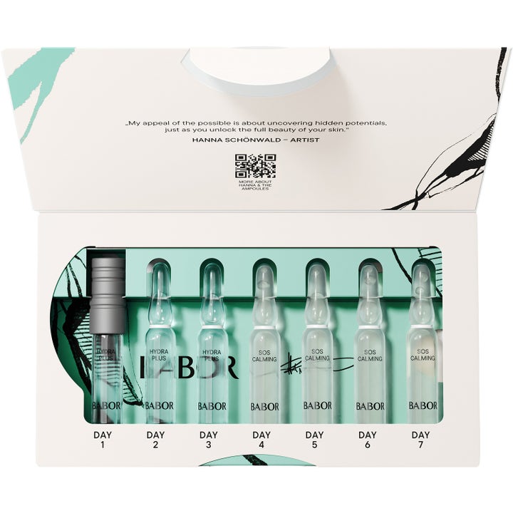 Babor Hydra Sensitive 14 ml återfuktande serum sju glasampuller märkta Hydra Plus och SOS Calming i en öppen ask