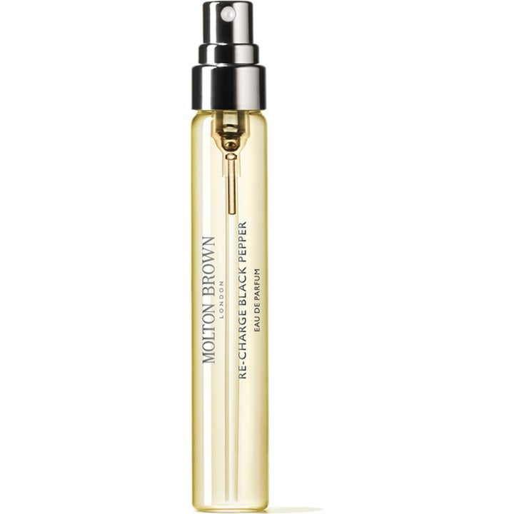 Molton Brown Re-Charge Black Pepper edp 7,5 ml travel size herrparfym i smal glasflaska med silverfärgat spraymunstycke