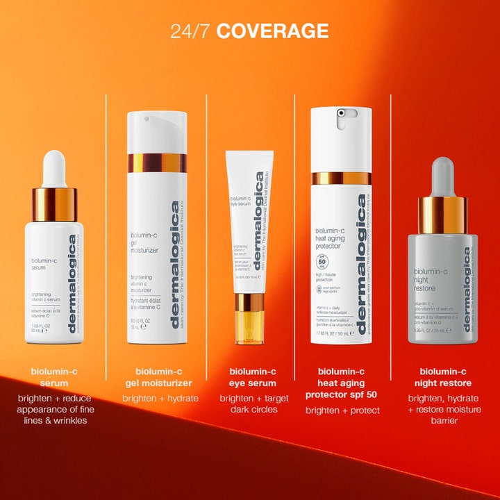 Dermalogica Biolumin-C Heat Aging Protector SPF50 50 ml lystergivande dagkräm i vit pumpflaska mot orange bakgrund.