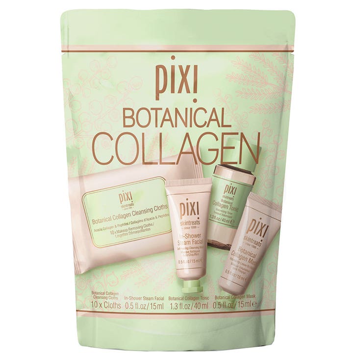 Pixi Botanical Collagen ansiktsbehandling kollagen set med fyra produkter för spänst i en mintgrön mjuk påse.