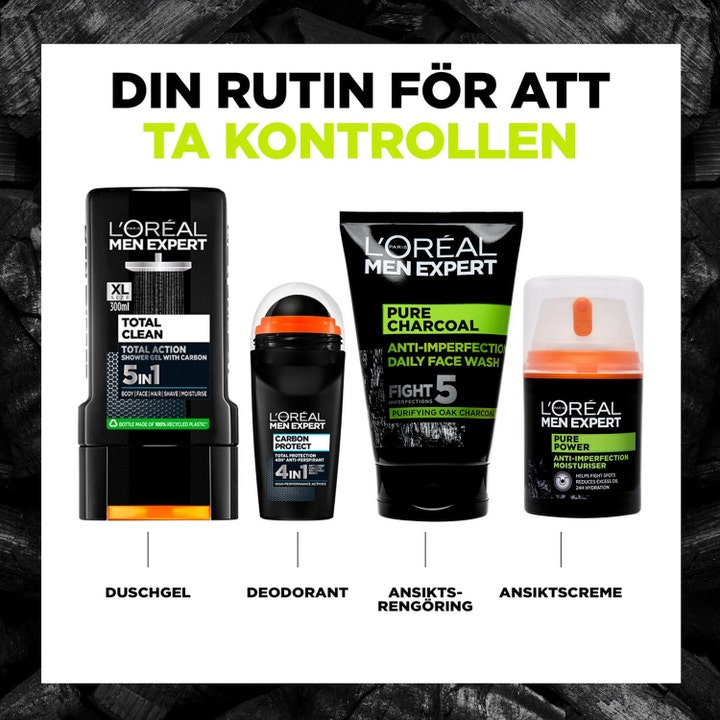 L'Oréal Men Expert Pure Charcoal Wash 100 ml ansiktstvätt för män med aktivt kol i en rutin mot mörk kolbakgrund