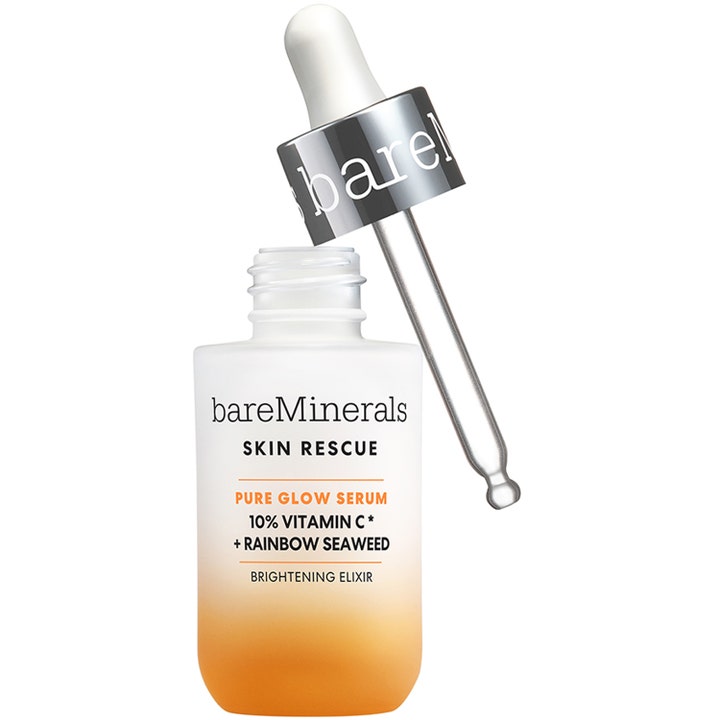 bareMinerals Skin Rescue Pure Glow Serum lystergivande brightening serum i frostat glasflaska med orange botten och silverpipett