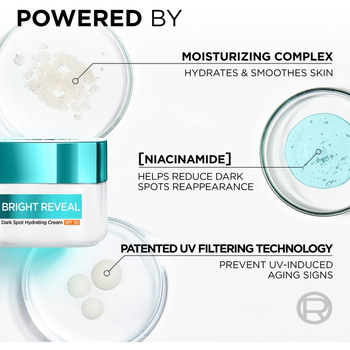 L'Oréal Paris Bright Reveal 50 ml dagkräm mot mörka fläckar med niacinamide och UV-filter i petriskålar.