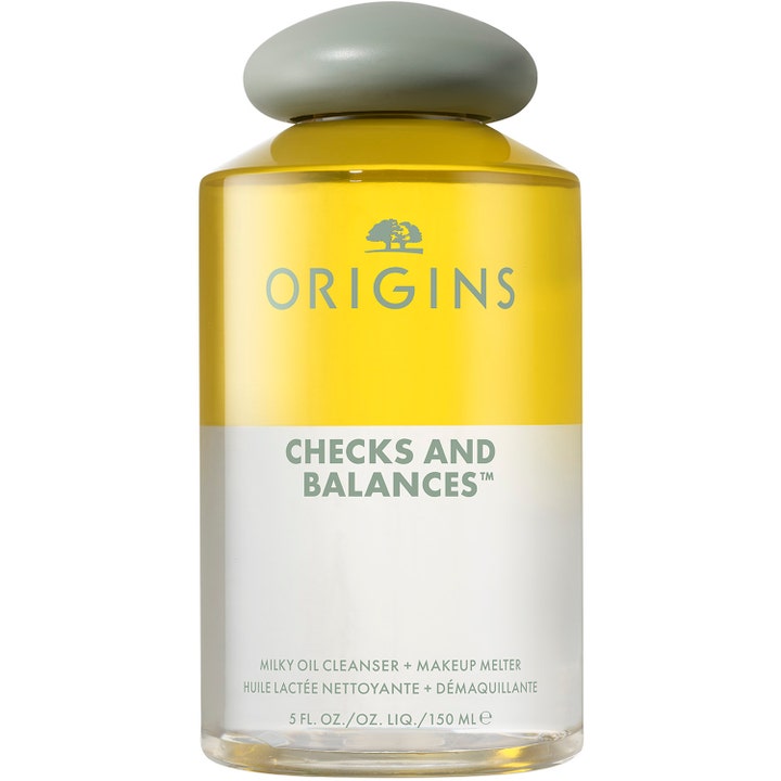 Origins Checks and Balances 150 ml milky oil cleanser ansikte i tvåfasflaska med gul olja och runt grått lock