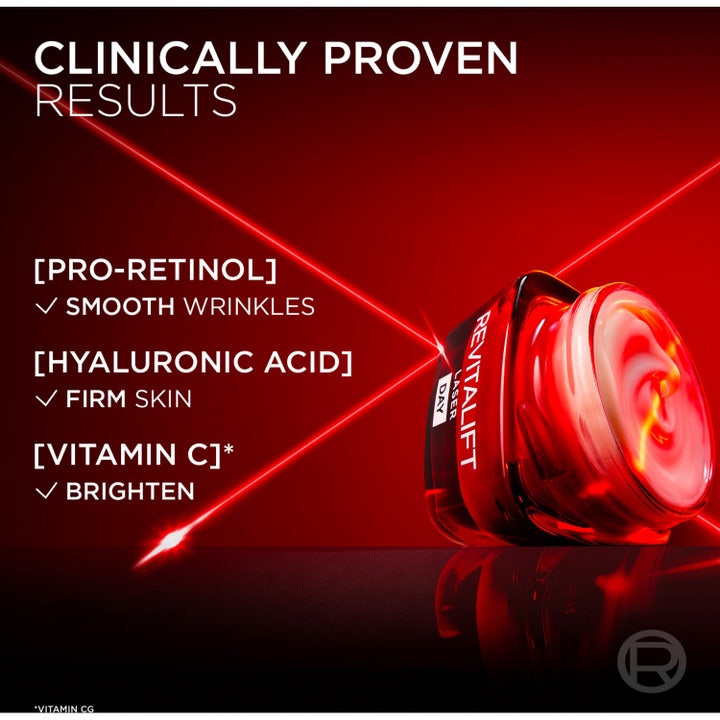 L'Oréal Paris Revitalift Laser Day 50 ml anti age ansiktskräm i mörkgrå pappersförpackning med ceriserosa detaljer