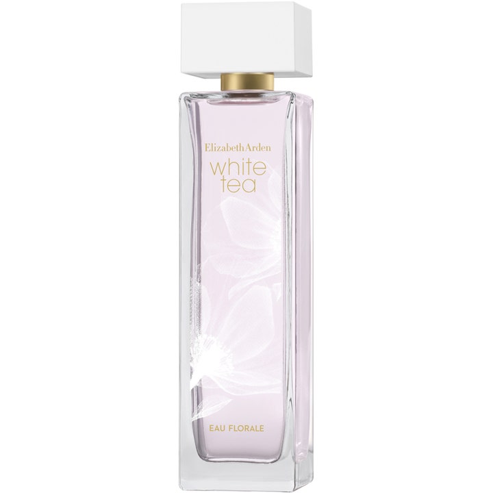 Elizabeth Arden White Tea Eau Florale 100 ml parfym i en hög glasflaska med ljusrosa vätska och vitt blommönster