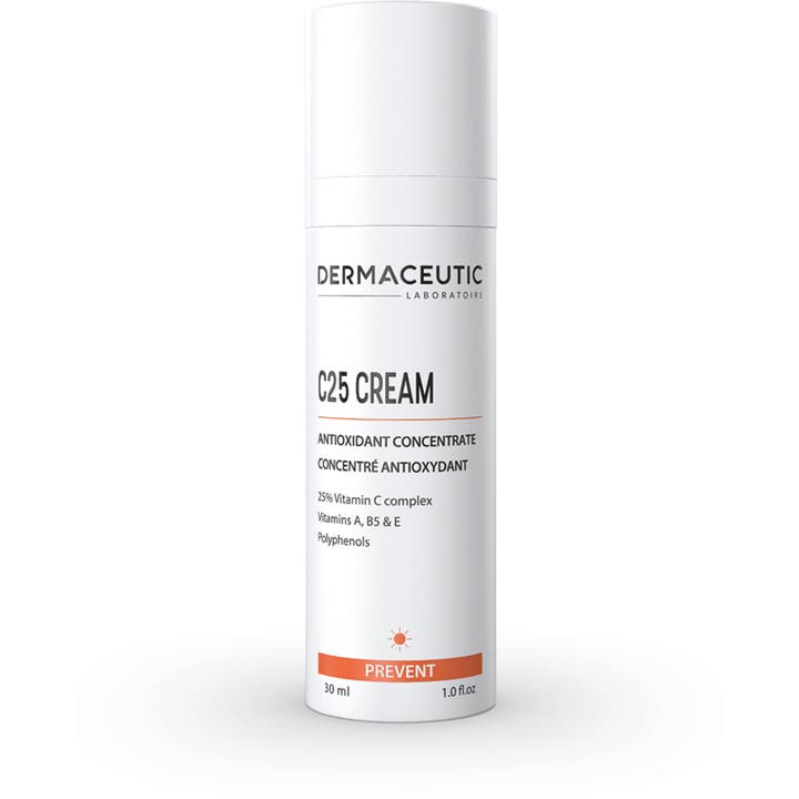 Dermaceutic C25 Cream 30 ml antioxidant ansiktskräm som ger lyster i en vit stilren pumpflaska med orange detalj.