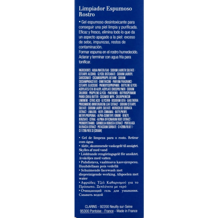 Clarins Men Active Face Wash 125 ml skumande gelé på blå förpackning med ingredienslista för aktiv ansiktsrengöring för män