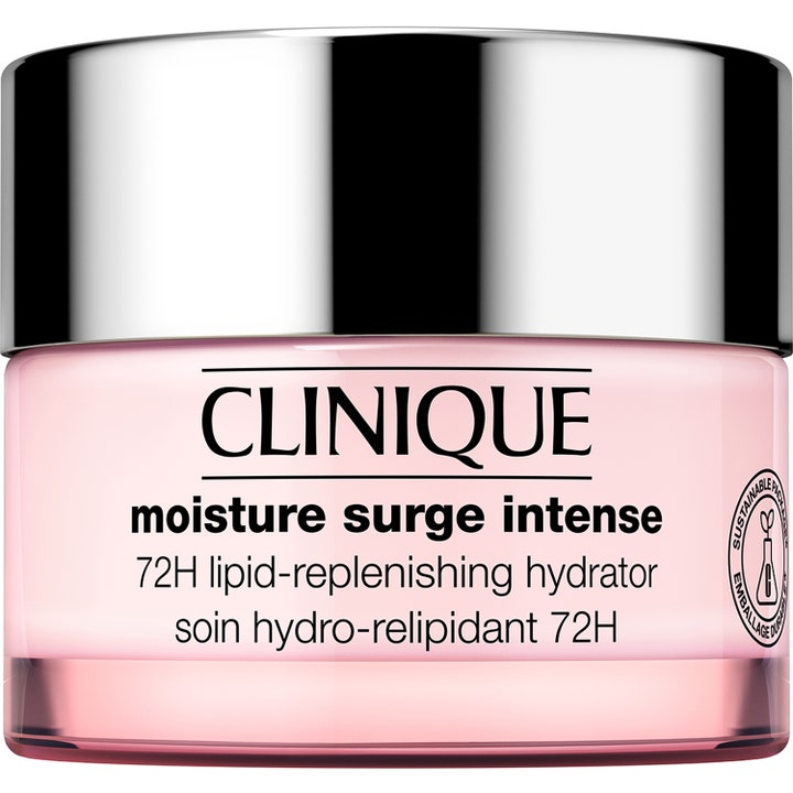 Clinique Moisture Surge Intense 72 timmar återfuktande ansiktskräm i en ljusrosa glasburk med glänsande silverlock