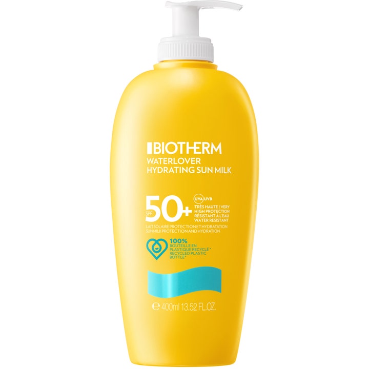 Biotherm Waterlover Hydrating Sun Milk 400ml återfuktande biotherm solkräm spf 50 i gul plastflaska med vit pump