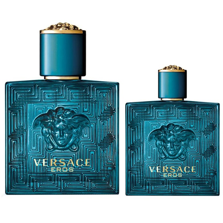 Versace Eros 100 ml och 150 ml Eau de Toilette i turkosa glasflaskor med reliefmönster och guldlock