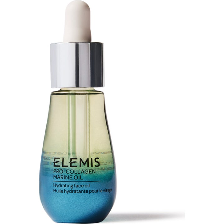 Elemis Pro-Collagen Marine Oil 15 ml ansiktsolja för mogen hud i blåtonad glasflaska med vit pipett och silverlock.