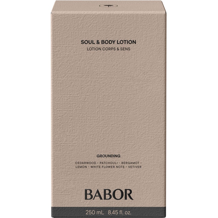 Babor Soul & Body Lotion 250 ml återfuktande bodylotion i beige texturerad ytterkartong märkt Grounding.