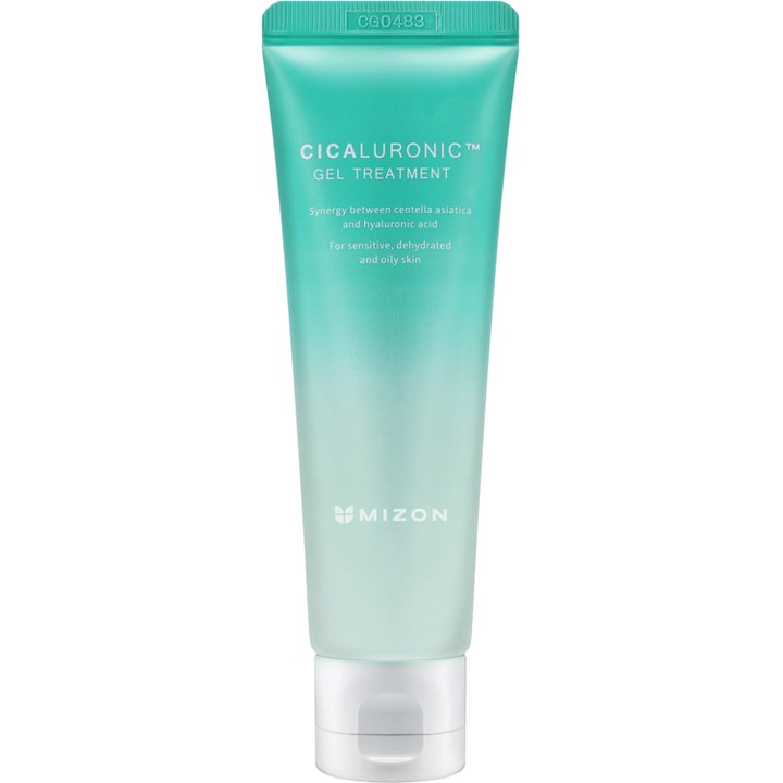 Mizon Cicaluronic Gel Treatment centella asiatica hyaluronsyra gel som lugnar huden i en mintgrön tub med vitt lock.