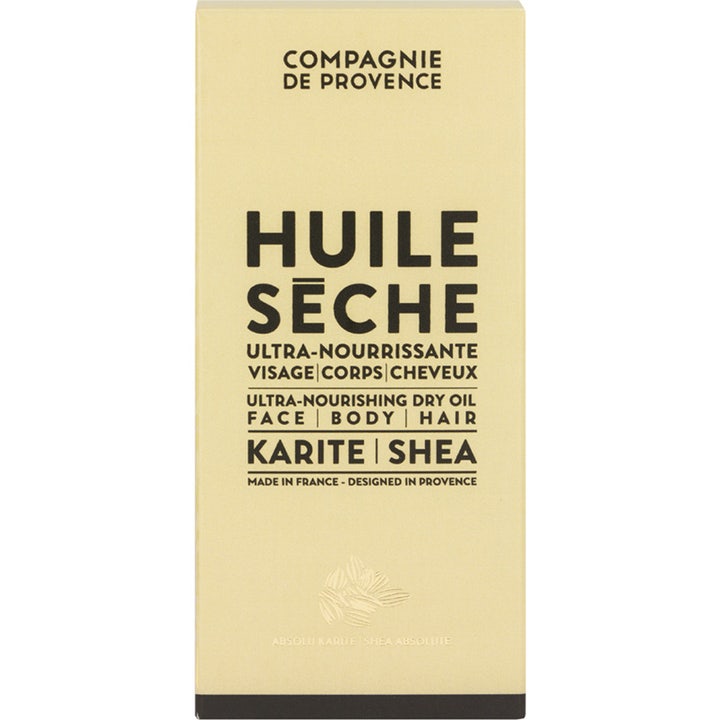 Compagnie de Provence Ultra Nourishing Dry Oil 100 ml närande kroppsolja i beige ytterkartong med texten Karite Shea.