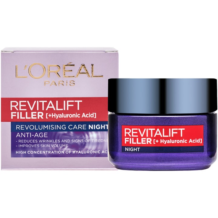 L'Oréal Paris Revitalift Filler 50 ml anti age nattkräm för volym i lila glasburk med svart lock