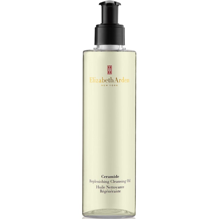 Elizabeth Arden Ceramide Replenishing Cleansing Oil närande rengöringsolja i transparent flaska med svart pump.