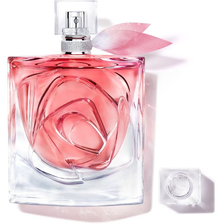 Lancôme La Vie Est Belle Rose Extra 100 ml blommig parfym i glasflaska med en skulpterad ros och rosa band